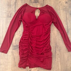 Elegant Red Ruched Long Sleeve Mini Dress